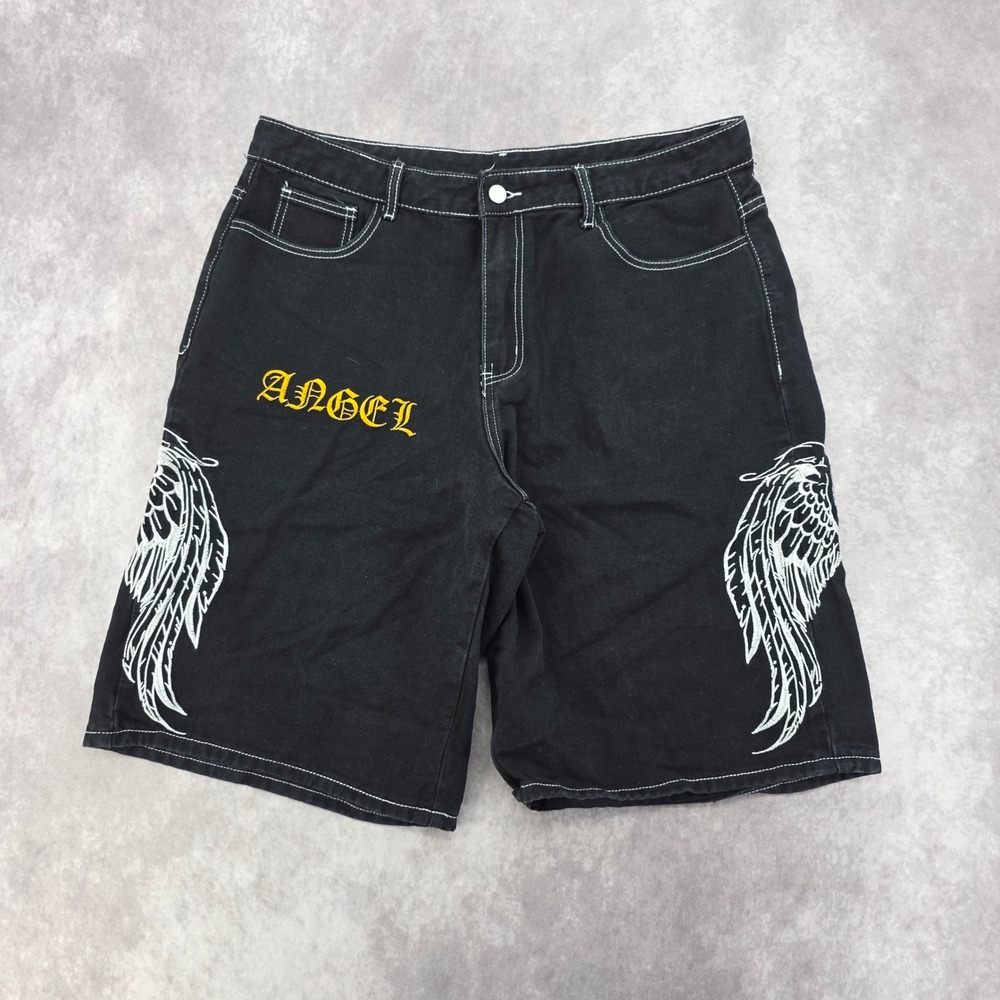 Mens XXL Black Denim Baggy Shorts Angel Wing Embroidery Gothic Y2K Style